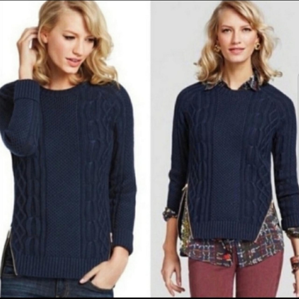 CAbi Cable Knit Side Zip Sweater Navy Blue Cotton Blend Medium M